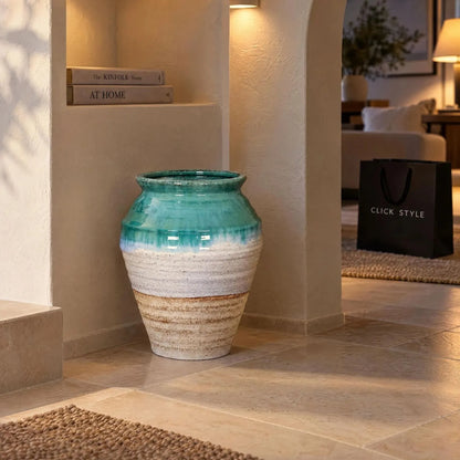 Coastal Green Teal White & Light Brown Glazed Ceramic Olpe Vase with Rolled Rim – Textured Floor Standing Vase 35x28x28cm – Evening Architectural Alcove Lifestyle | Click Style