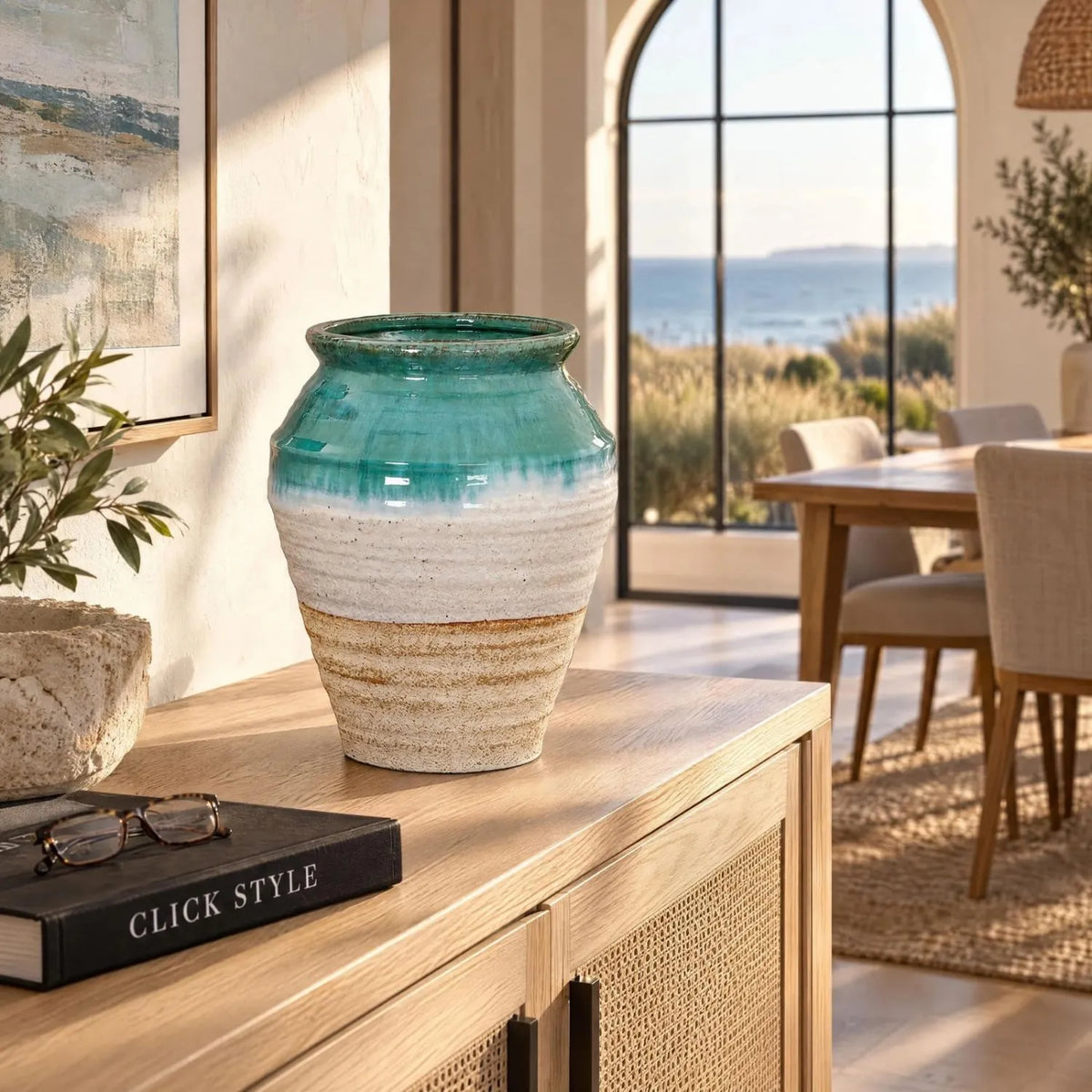 Coastal Green Teal White & Light Brown Glazed Ceramic Olpe Vase with Rolled Rim – Textured Floor Standing Vase 35x28x28cm – Oak Sideboard Coastal Dining Room Lifestyle | Click Style