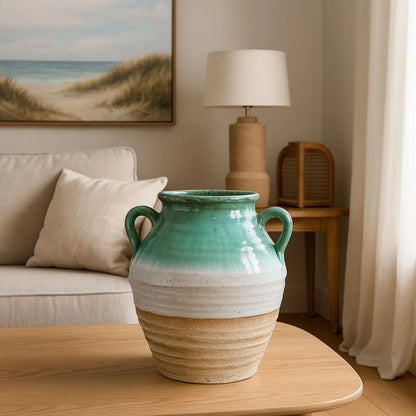 Coastal Green Teal & White Layered Glazed Ceramic Amphora Vases with Side Handles – Rustic Beach-Inspired Stoneware Pots with Sand & Stone-Toned Textured Finish 38x35x35cm | Click Style