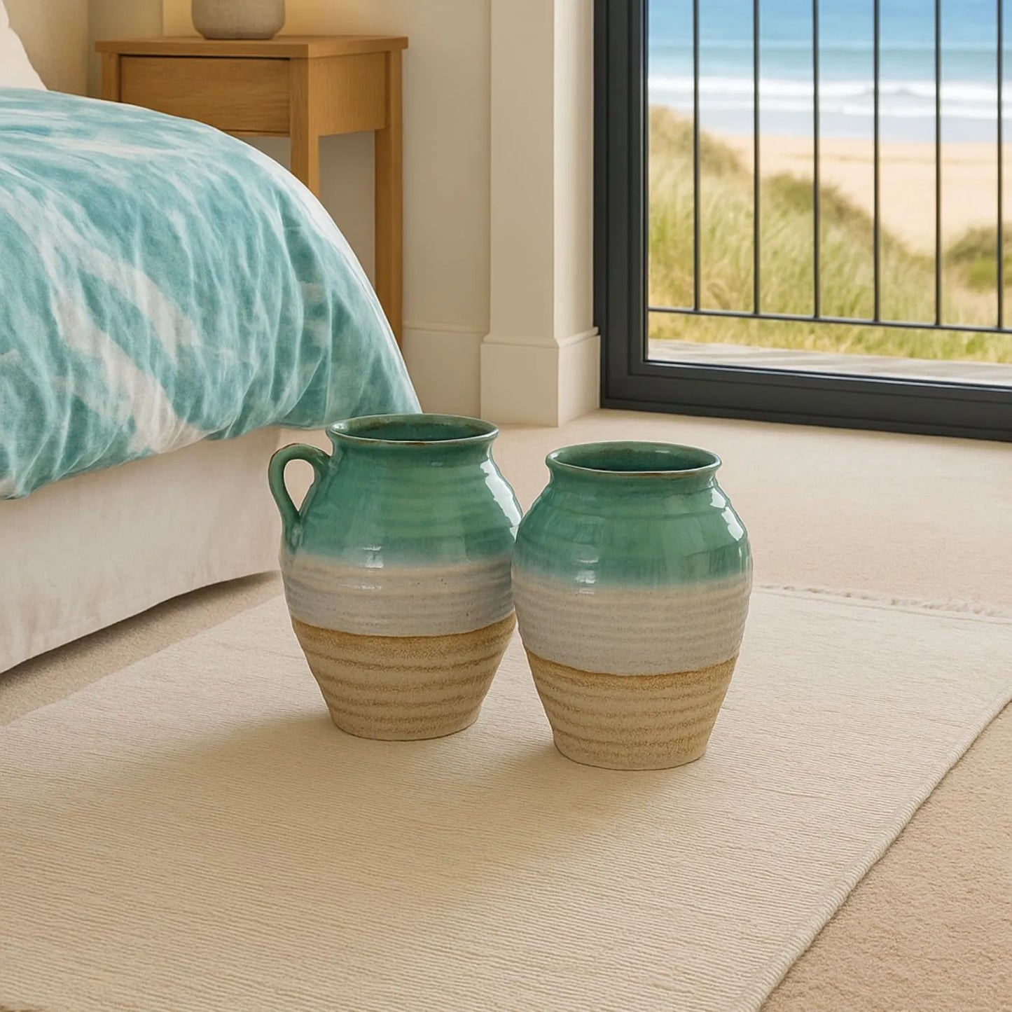 Coastal Green Teal & White Layered Glazed Ceramic Amphora Vases with Side Handles – Rustic Beach-Inspired Stoneware Pots with Sand & Stone-Toned Textured Finish 38x35x35cm | Click Style