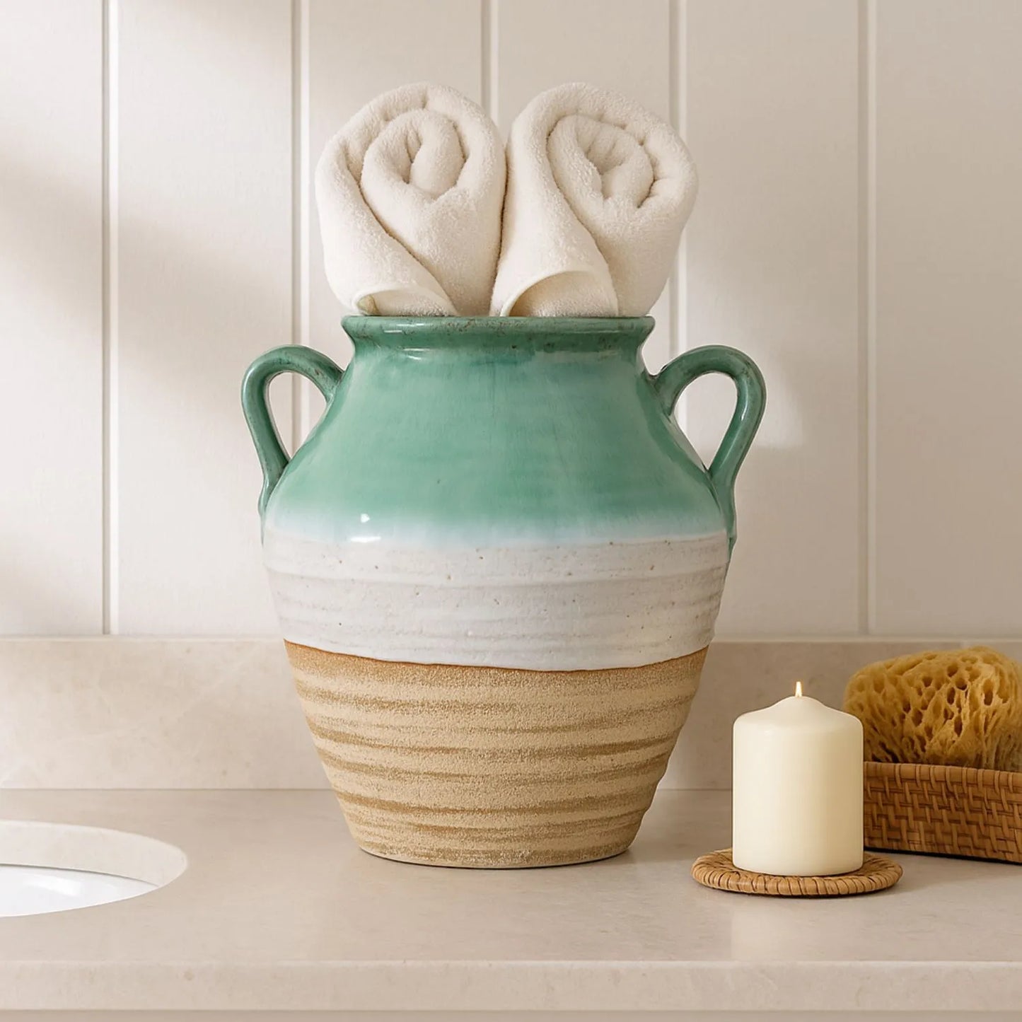 Coastal Green Teal & White Layered Glazed Ceramic Amphora Vases with Side Handles – Rustic Beach-Inspired Stoneware Pots with Sand & Stone-Toned Textured Finish 38x35x35cm | Click Style