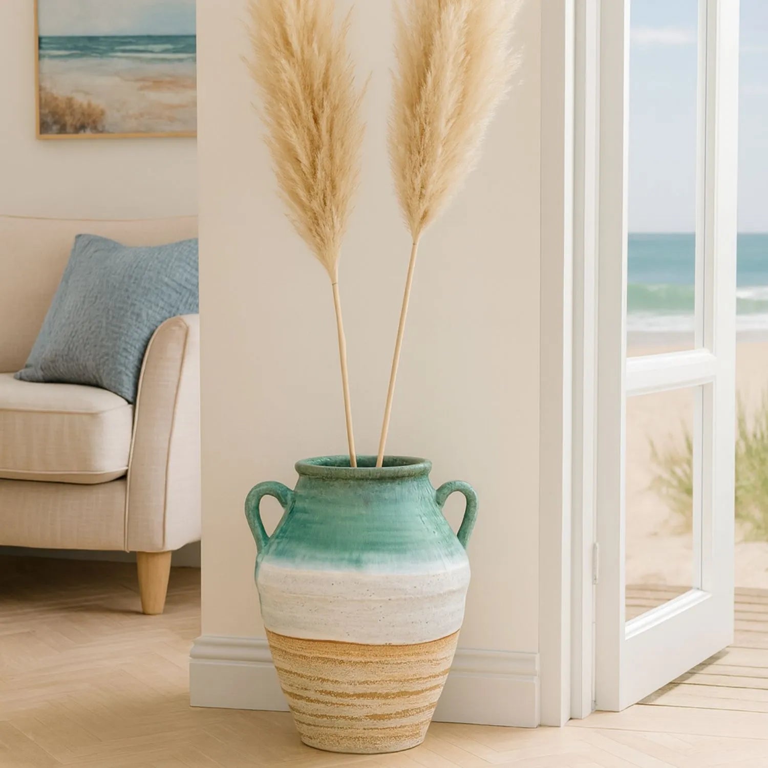 Coastal Green Teal & White Layered Glazed Ceramic Amphora Vases with Side Handles – Rustic Beach-Inspired Stoneware Pots with Sand & Stone-Toned Textured Finish 38x35x35cm | Click Style