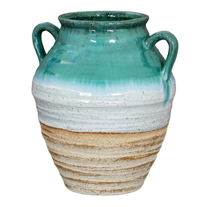 Coastal Green Teal & White Layered Glazed Ceramic Amphora Vases with Side Handles – Rustic Beach-Inspired Stoneware Pots with Sand & Stone-Toned Textured Finish 38x35x35cm | Click Style