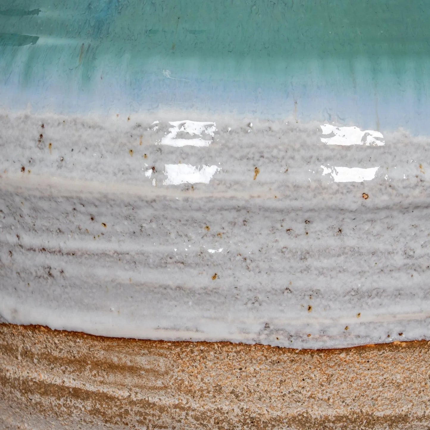 Coastal Green Teal & White Layered Glazed Ceramic Amphora Vases with Side Handles – Rustic Beach-Inspired Stoneware Pots with Sand & Stone-Toned Textured Finish 38x35x35cm | Click Style