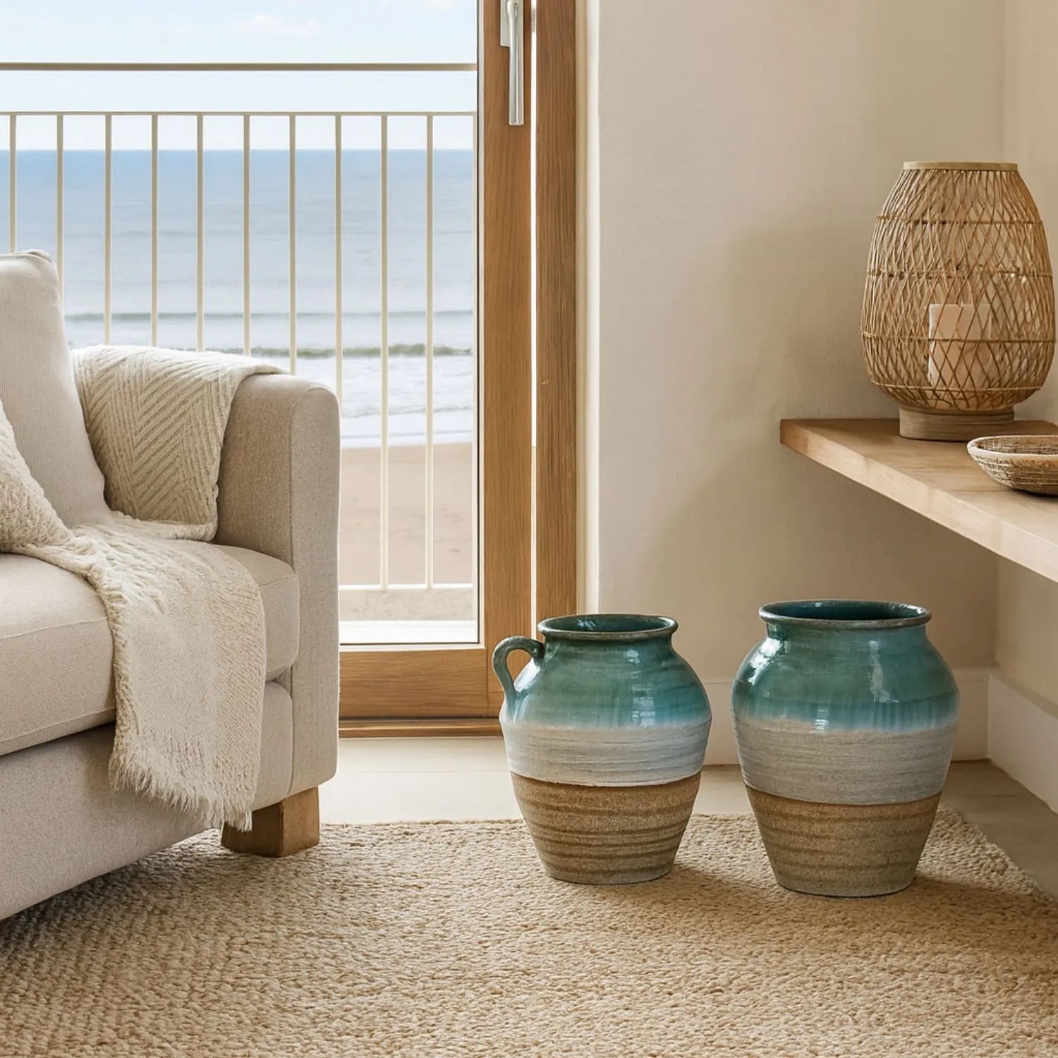 Coastal Green Teal & White Layered Glazed Ceramic Amphora Vases with Side Handles – Rustic Beach-Inspired Stoneware Pots with Sand & Stone-Toned Textured Finish 38x35x35cm | Click Style