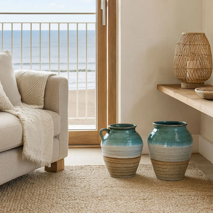 Coastal Green Teal & White Layered Glazed Ceramic Amphora Vases with Side Handles – Rustic Beach-Inspired Stoneware Pots with Sand & Stone-Toned Textured Finish 38x35x35cm | Click Style