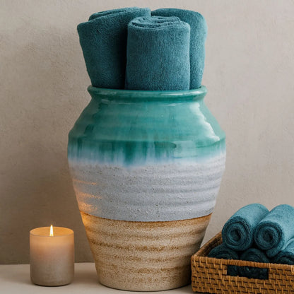 Coastal Green Teal & White Layered Glazed Ceramic Olpe Vase – Rustic Beach-Inspired Stoneware Pot with Sand & Stone-Toned Textured Finish 35x28x28cm | Click Style