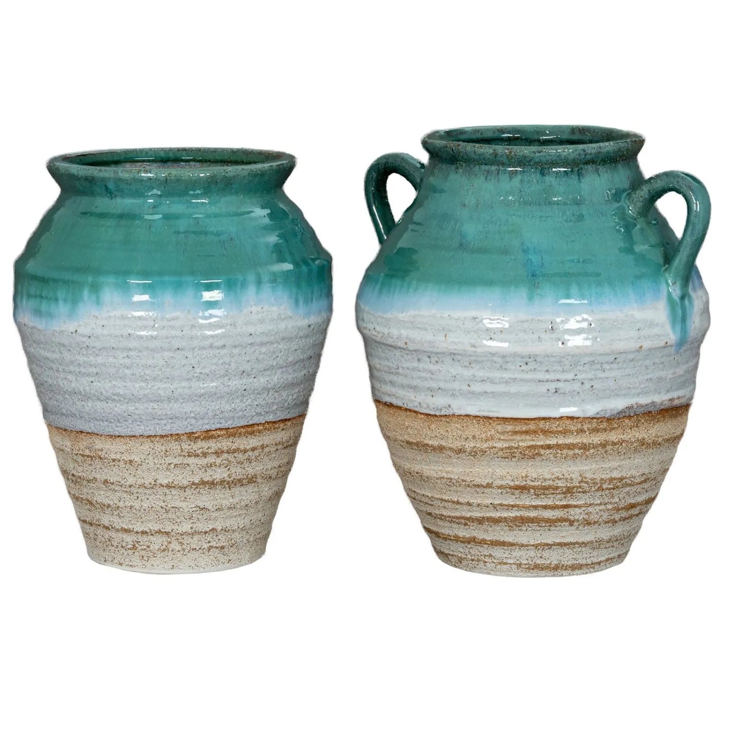 Coastal Green Teal & White Layered Glazed Ceramic Olpe Vase – Rustic Beach-Inspired Stoneware Pot with Sand & Stone-Toned Textured Finish 35x28x28cm | Click Style