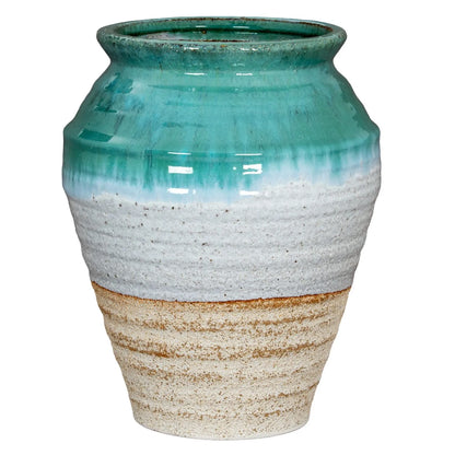 Coastal Green Teal & White Layered Glazed Ceramic Olpe Vase – Rustic Beach-Inspired Stoneware Pot with Sand & Stone-Toned Textured Finish 35x28x28cm | Click Style