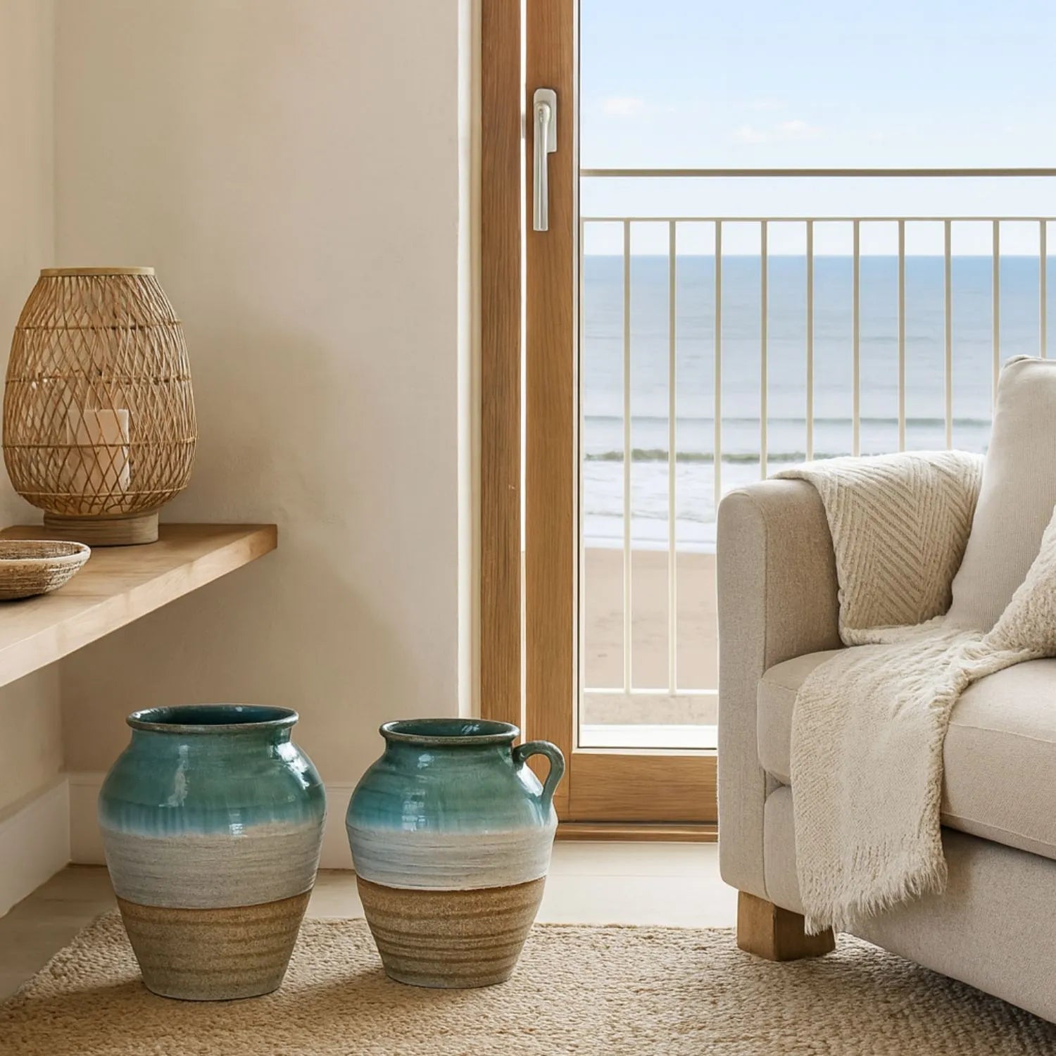 Coastal Green Teal & White Layered Glazed Ceramic Olpe Vase – Rustic Beach-Inspired Stoneware Pot with Sand & Stone-Toned Textured Finish 35x28x28cm | Click Style