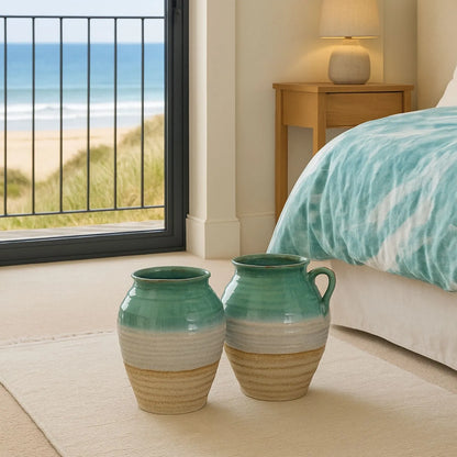 Coastal Green Teal & White Layered Glazed Ceramic Olpe Vase – Rustic Beach-Inspired Stoneware Pot with Sand & Stone-Toned Textured Finish 35x28x28cm | Click Style