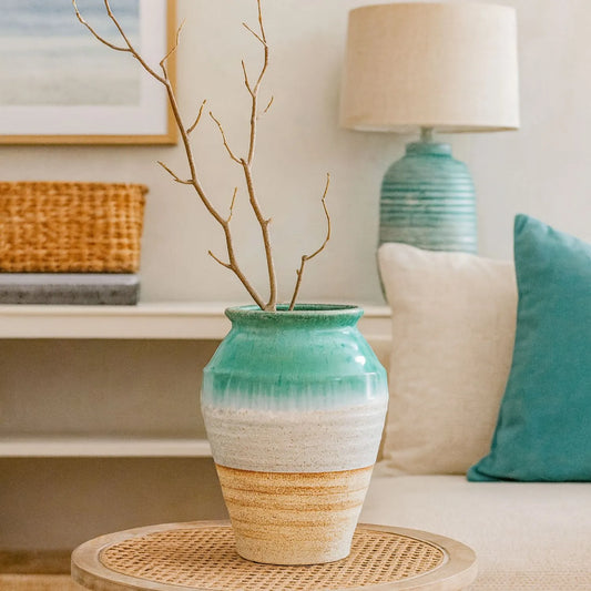 Coastal Green Teal & White Layered Glazed Ceramic Olpe Vase – Rustic Beach-Inspired Stoneware Pot with Sand & Stone-Toned Textured Finish 35x28x28cm | Click Style