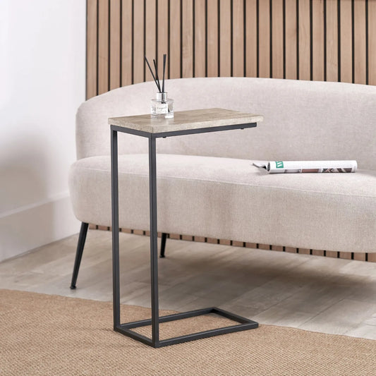 Concrete-Effect Wood Veneer C Table & Sofa Table with Matt Black Metal Frame – Narrow Wooden Supper Side Table 65x40cm - Click Style