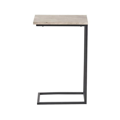 Concrete-Effect Wood Veneer C Table & Sofa Table with Matt Black Metal Frame – Narrow Wooden Supper Side Table 65x40cm - Click Style