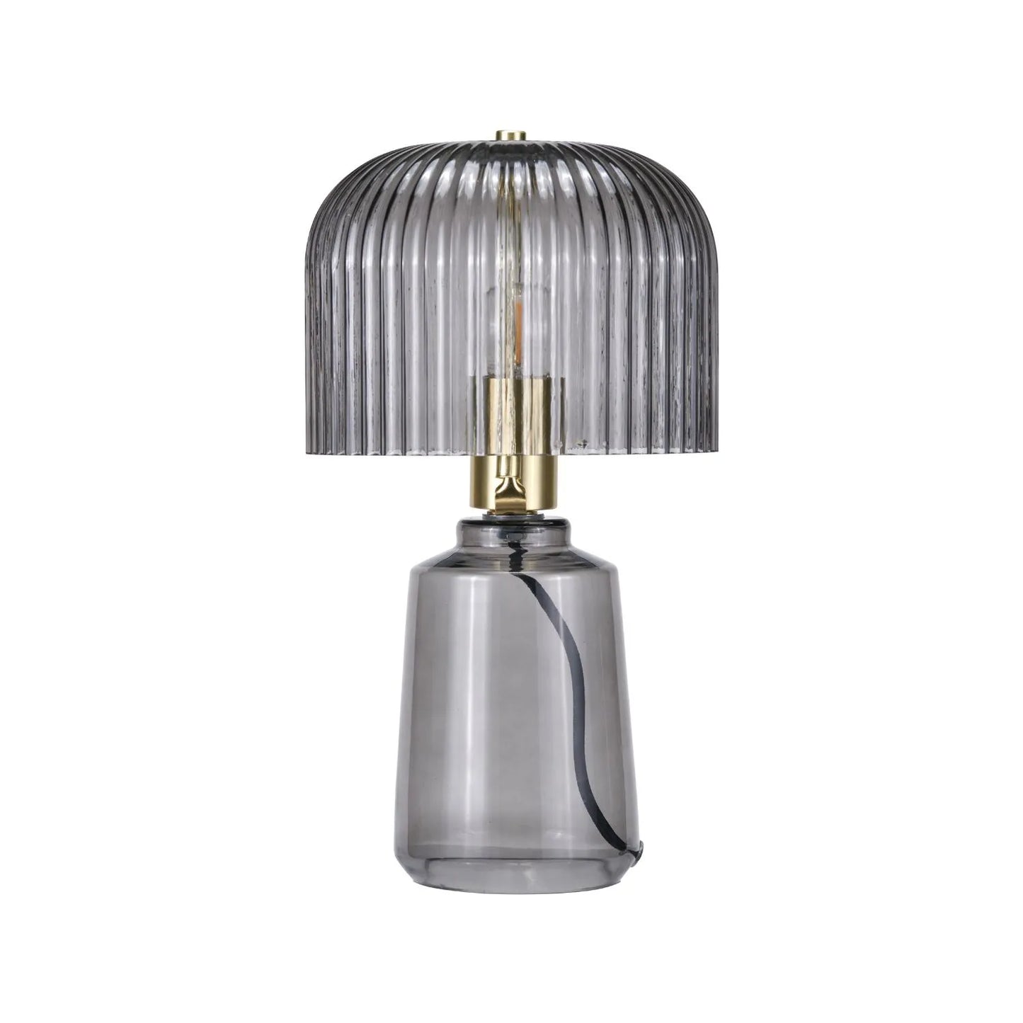 Cool Grey Glass Table Lamp with Dome-Shaped Ribbed Grey Glass Shade & Gold Lampholder – Retro Eclectic Bedside & Side Table Light 37x20x20cm | Click Style