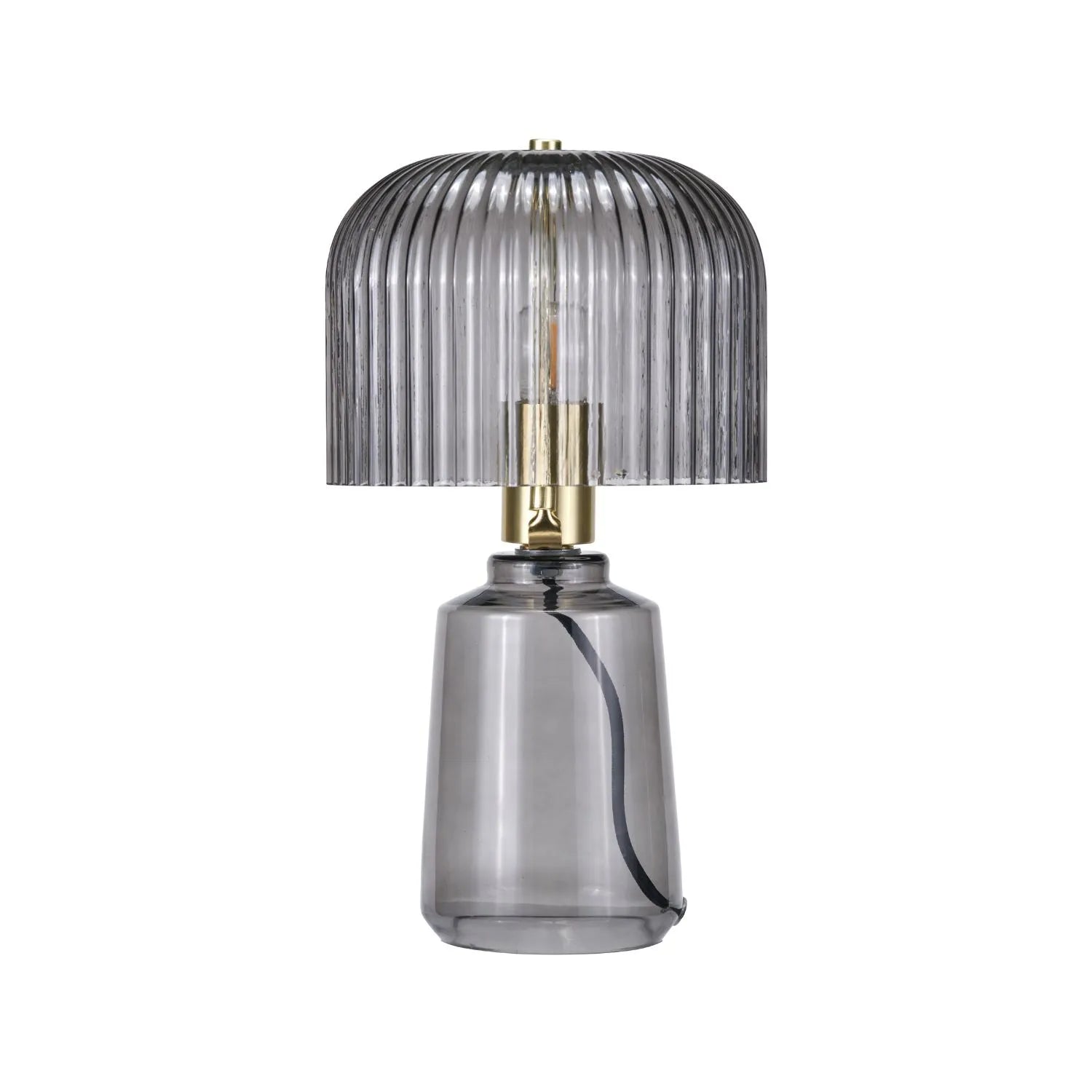 Cool Grey Glass Table Lamp with Dome-Shaped Ribbed Grey Glass Shade & Gold Lampholder – Retro Eclectic Bedside & Side Table Light 37x20x20cm | Click Style