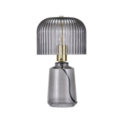 Cool Grey Glass Table Lamp with Dome-Shaped Ribbed Grey Glass Shade & Gold Lampholder – Retro Eclectic Bedside & Side Table Light 37x20x20cm | Click Style