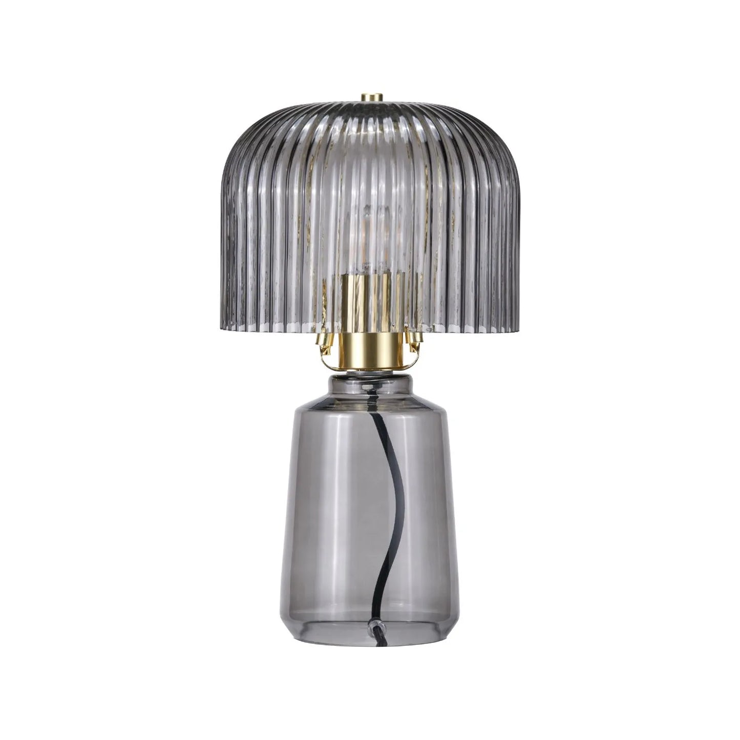 Cool Grey Glass Table Lamp with Dome-Shaped Ribbed Grey Glass Shade & Gold Lampholder – Retro Eclectic Bedside & Side Table Light 37x20x20cm | Click Style