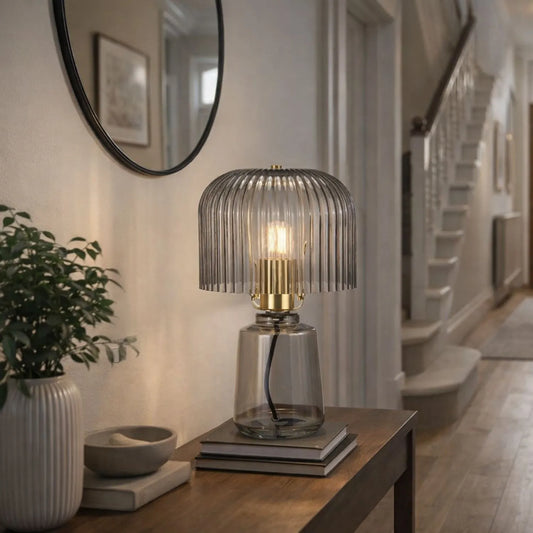 Cool Grey Glass Table Lamp with Dome-Shaped Ribbed Grey Glass Shade & Gold Lampholder – Retro Eclectic Bedside & Side Table Light 37x20x20cm | Click Style