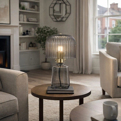 Cool Grey Glass Table Lamp with Dome-Shaped Ribbed Grey Glass Shade & Gold Lampholder – Retro Eclectic Bedside & Side Table Light 37x20x20cm | Click Style
