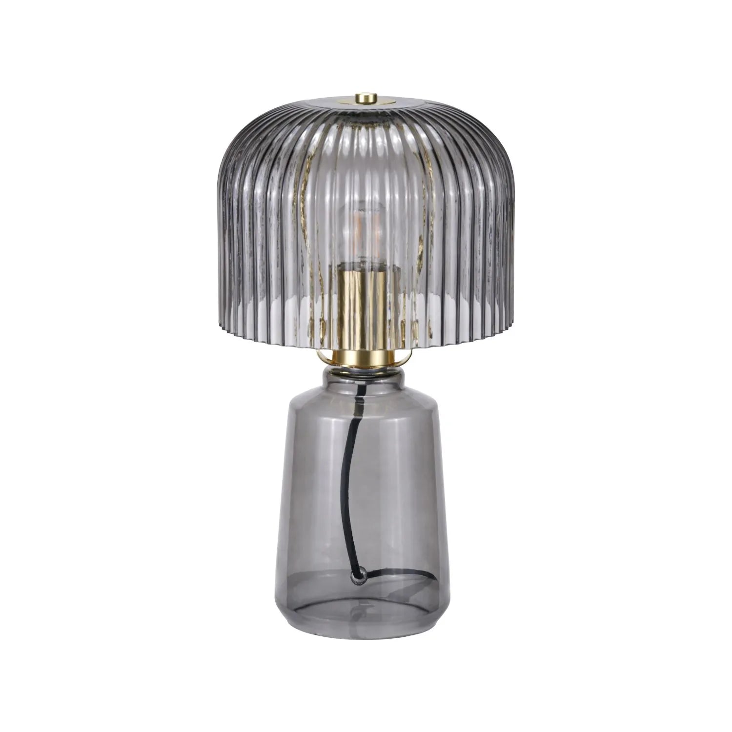 Cool Grey Glass Table Lamp with Dome-Shaped Ribbed Grey Glass Shade & Gold Lampholder – Retro Eclectic Bedside & Side Table Light 37x20x20cm | Click Style