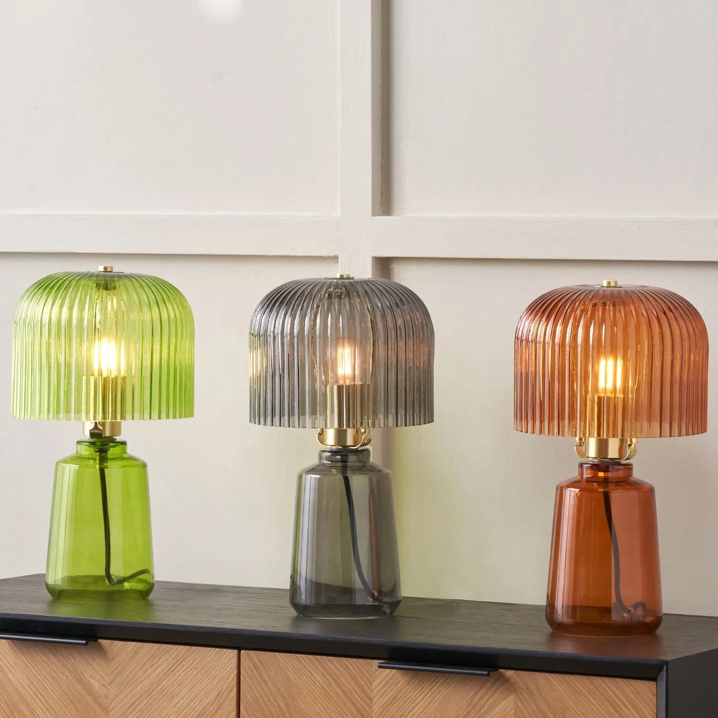 Cool Grey Glass Table Lamp with Dome-Shaped Ribbed Grey Glass Shade & Gold Lampholder – Retro Eclectic Bedside & Side Table Light 37x20x20cm | Click Style