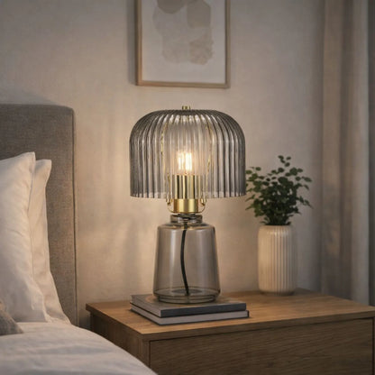 Cool Grey Glass Table Lamp with Dome-Shaped Ribbed Grey Glass Shade & Gold Lampholder – Retro Eclectic Bedside & Side Table Light 37x20x20cm | Click Style