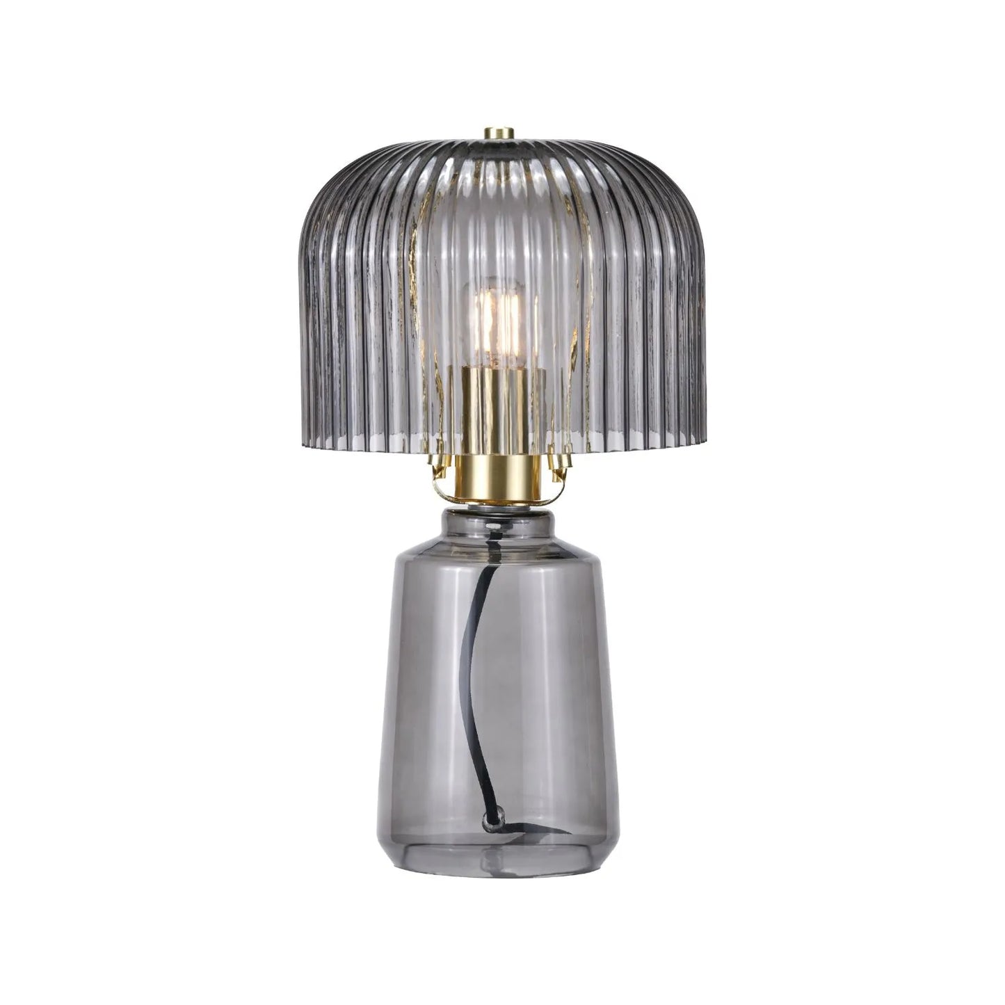 Cool Grey Glass Table Lamp with Dome-Shaped Ribbed Grey Glass Shade & Gold Lampholder – Retro Eclectic Bedside & Side Table Light 37x20x20cm | Click Style