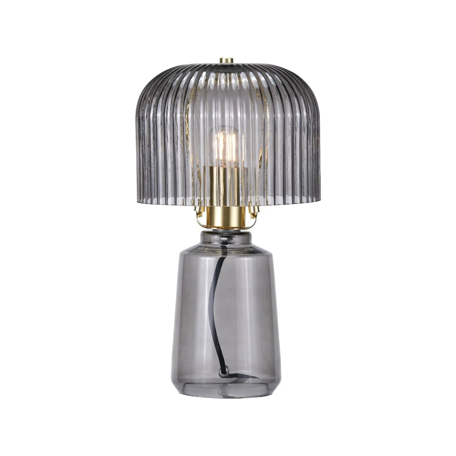 Cool Grey Glass Table Lamp with Dome-Shaped Ribbed Grey Glass Shade & Gold Lampholder – Retro Eclectic Bedside & Side Table Light 37x20x20cm | Click Style