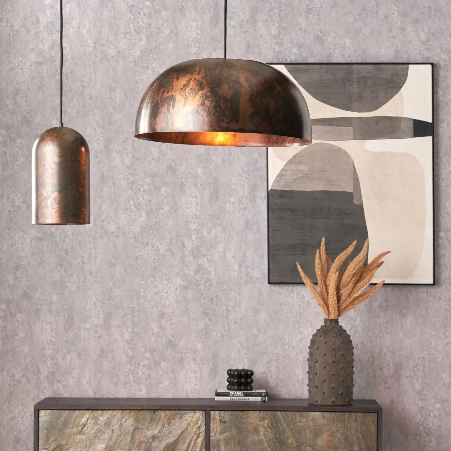 Copper Effect Adjustable Pendant Ceiling Light with Wide Metal Dome Shade – Industrial Modern Suspension Lamp H130x47x47cm | Click Style