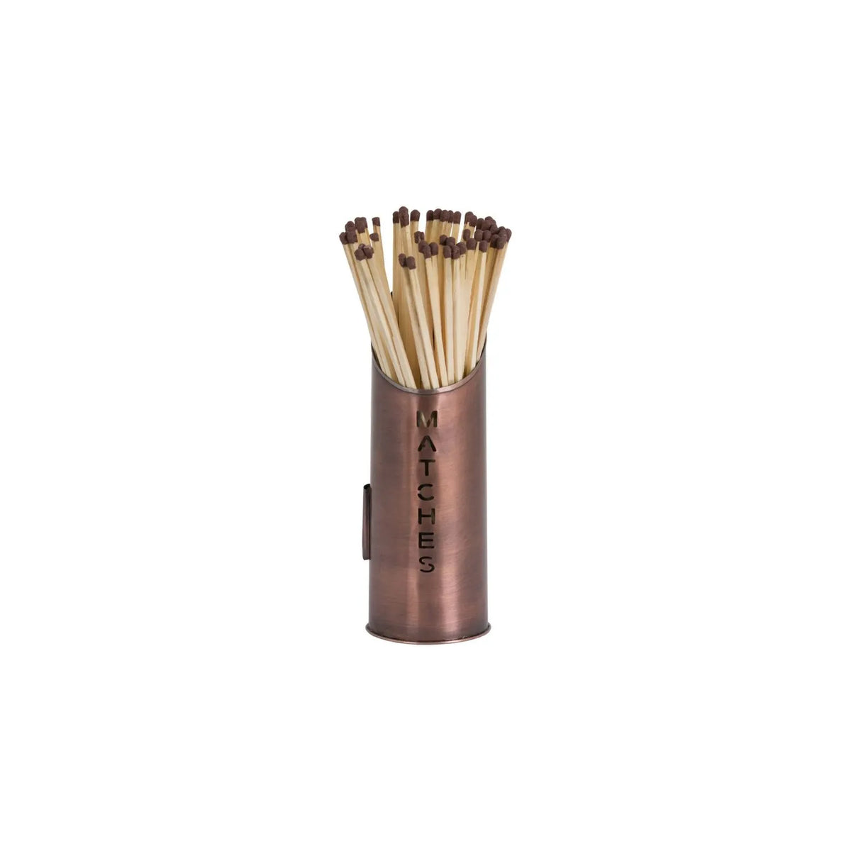 Copper Log & Kindling Buckets with Matchstick Holder – 3 Piece Metal Fireside Set with Cut-Out Lettering – MATCHES Holder with Long Matches | Click Style