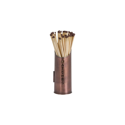 Copper Log & Kindling Buckets with Matchstick Holder – 3 Piece Metal Fireside Set with Cut-Out Lettering – MATCHES Holder with Long Matches | Click Style
