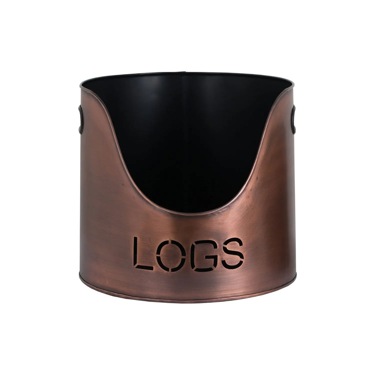 Copper Log & Kindling Buckets with Matchstick Holder – 3 Piece Metal Fireside Set with Cut-Out Lettering – Large LOGS Bucket | Click Style