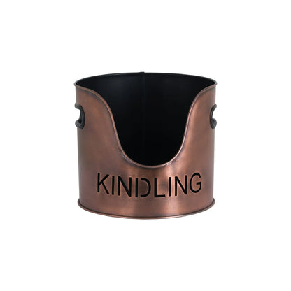 Copper Log & Kindling Buckets with Matchstick Holder – 3 Piece Metal Fireside Set with Cut-Out Lettering – KINDLING Bucket | Click Style