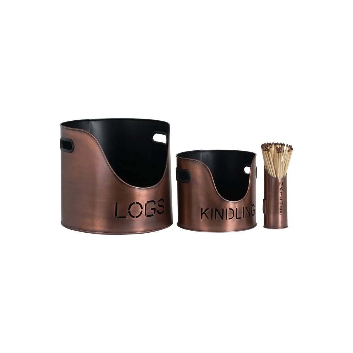 Copper Log & Kindling Buckets with Matchstick Holder – 3 Piece Metal Fireside Set with Cut-Out Lettering | Click Style