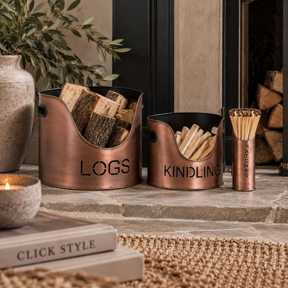 Copper Log & Kindling Buckets with Matchstick Holder – 3 Piece Metal Fireside Set with Cut-Out Lettering – Complete Set Styled on Stone Hearth Beside Fireplace | Click Style