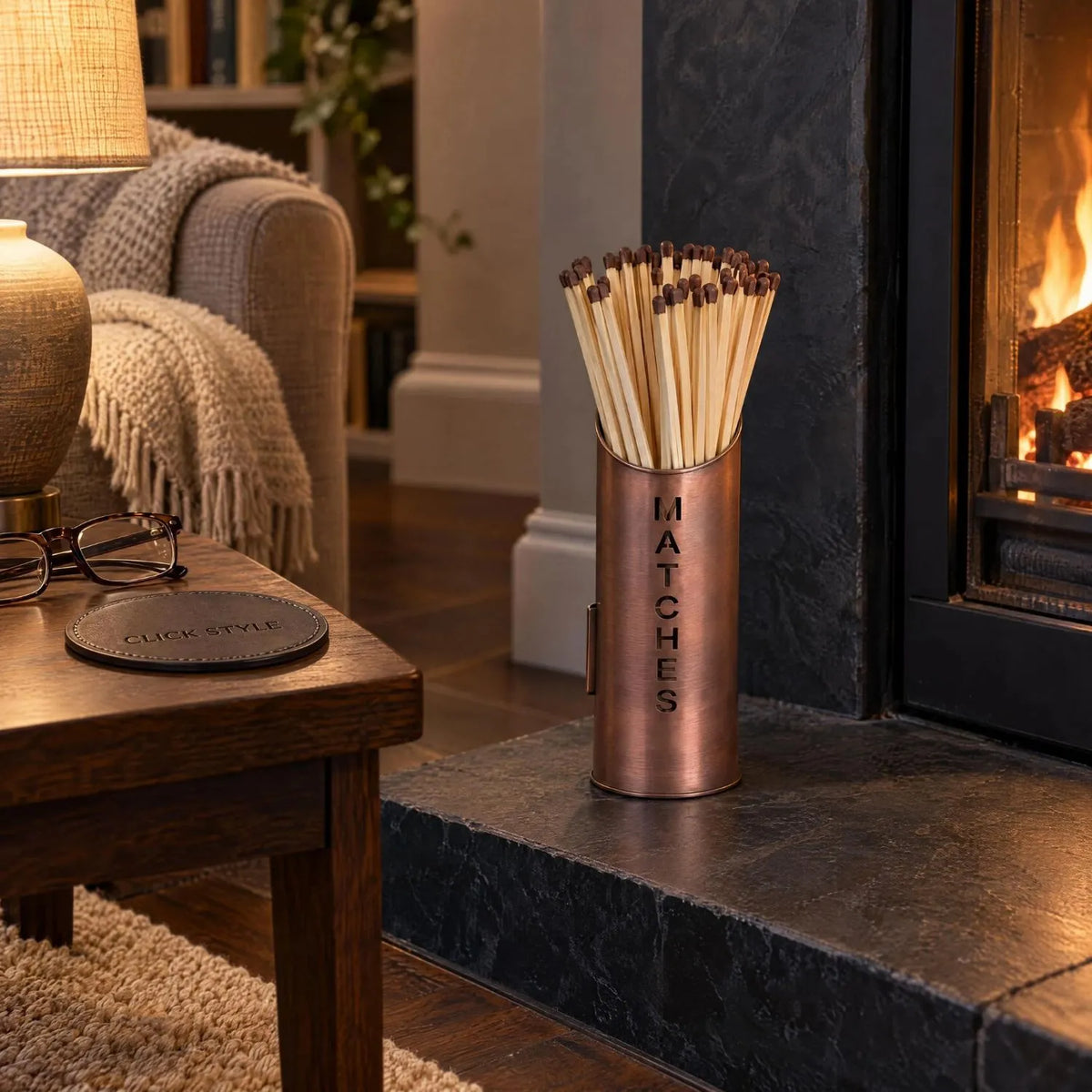 Copper Log & Kindling Buckets with Matchstick Holder – 3 Piece Metal Fireside Set with Cut-Out Lettering – MATCHES Holder with Long Fireside Matches Beside Fireplace | Click Style