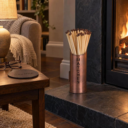 Copper Log & Kindling Buckets with Matchstick Holder – 3 Piece Metal Fireside Set with Cut-Out Lettering – MATCHES Holder with Long Fireside Matches Beside Fireplace | Click Style