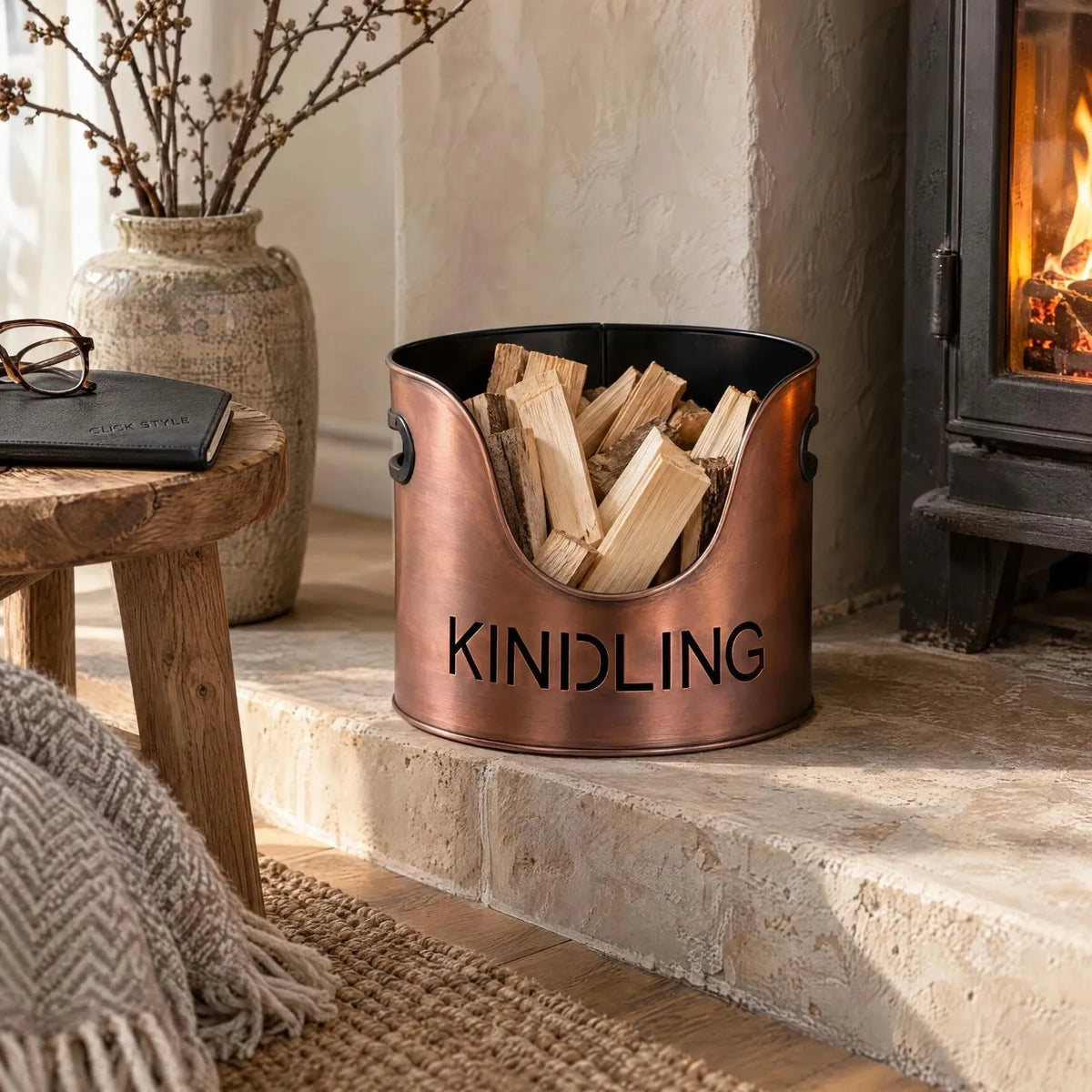 Copper Log & Kindling Buckets with Matchstick Holder – 3 Piece Metal Fireside Set with Cut-Out Lettering – KINDLING Bucket with Split Wood on Limestone Hearth | Click Style