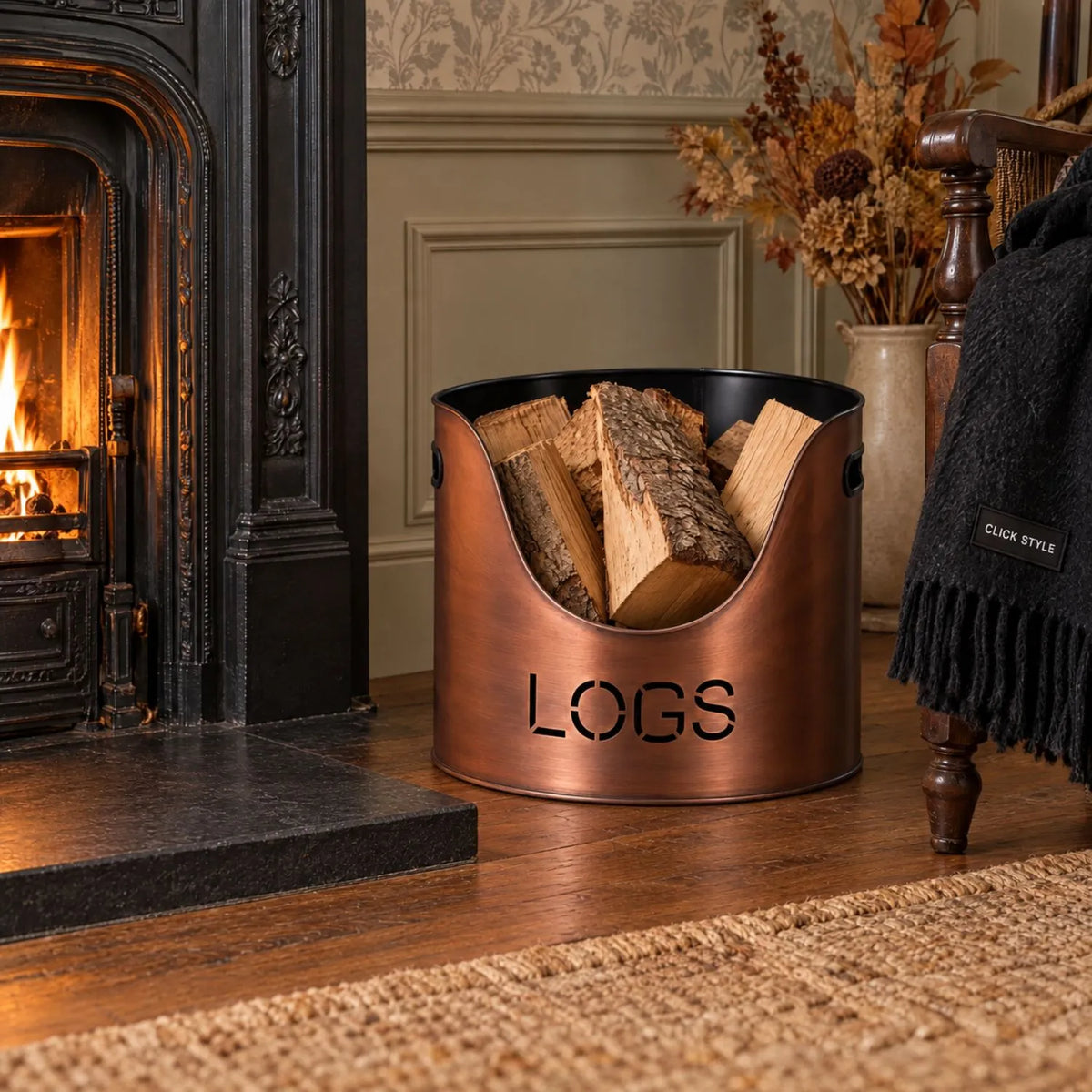 Copper Log & Kindling Buckets with Matchstick Holder – 3 Piece Metal Fireside Set with Cut-Out Lettering – LOGS Bucket with Firewood Beside Victorian Fireplace | Click Style