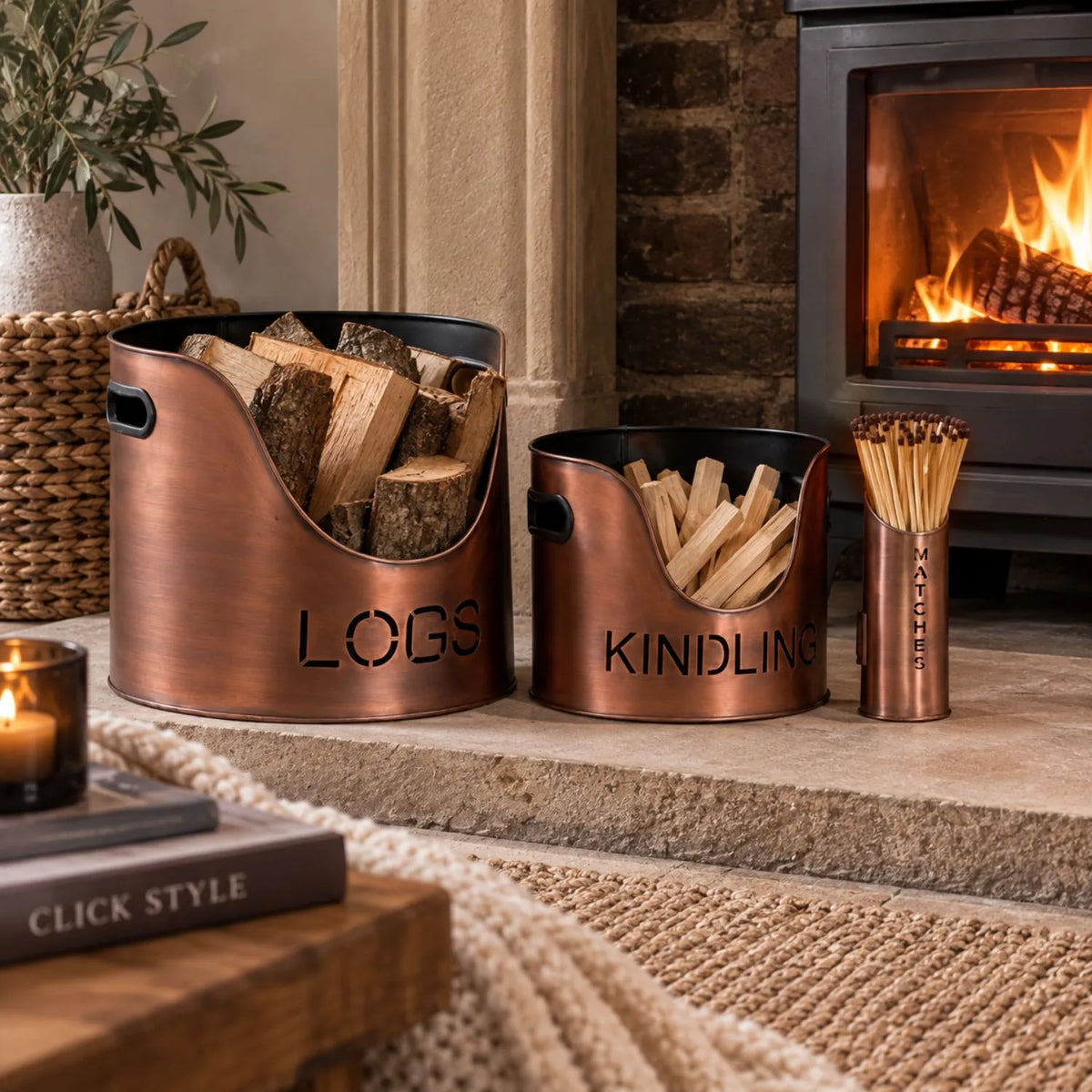 Copper Log & Kindling Buckets with Matchstick Holder – 3 Piece Metal Fireside Set with Cut-Out Lettering – Complete Set Styled with Logs Kindling & Long Matches | Click Style