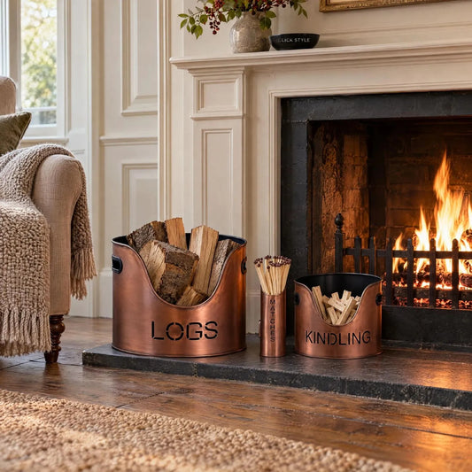 Copper Log & Kindling Buckets with Matchstick Holder – 3 Piece Metal Fireside Set with Cut-Out Lettering – Complete Set Styled Beside Georgian Fireplace | Click Style
