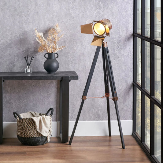 Copper Metal & Black Wood Tripod Film Floor Lamp with Barn Door Shutters – Adjustable Movie Floor-standing Spotlight 139x68cm - Click Style