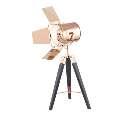 Copper Metal & Black Wood Tripod Film Table Lamp with Barn Door Shutters - Adjustable Movie Tabletop Spotlight 67x32cm - Click Style