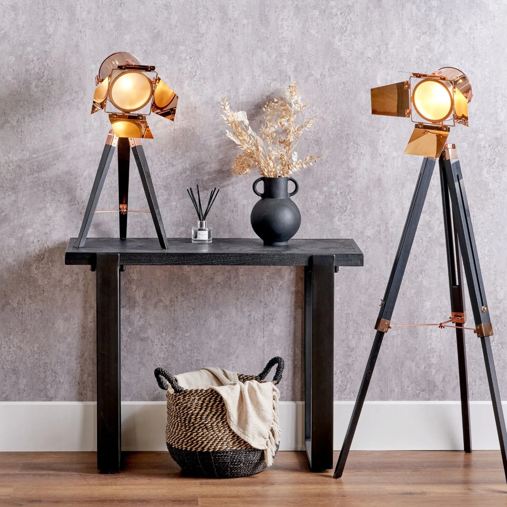 Copper Metal & Black Wood Tripod Film Table Lamp with Barn Door Shutters - Adjustable Movie Tabletop Spotlight 67x32cm - Click Style