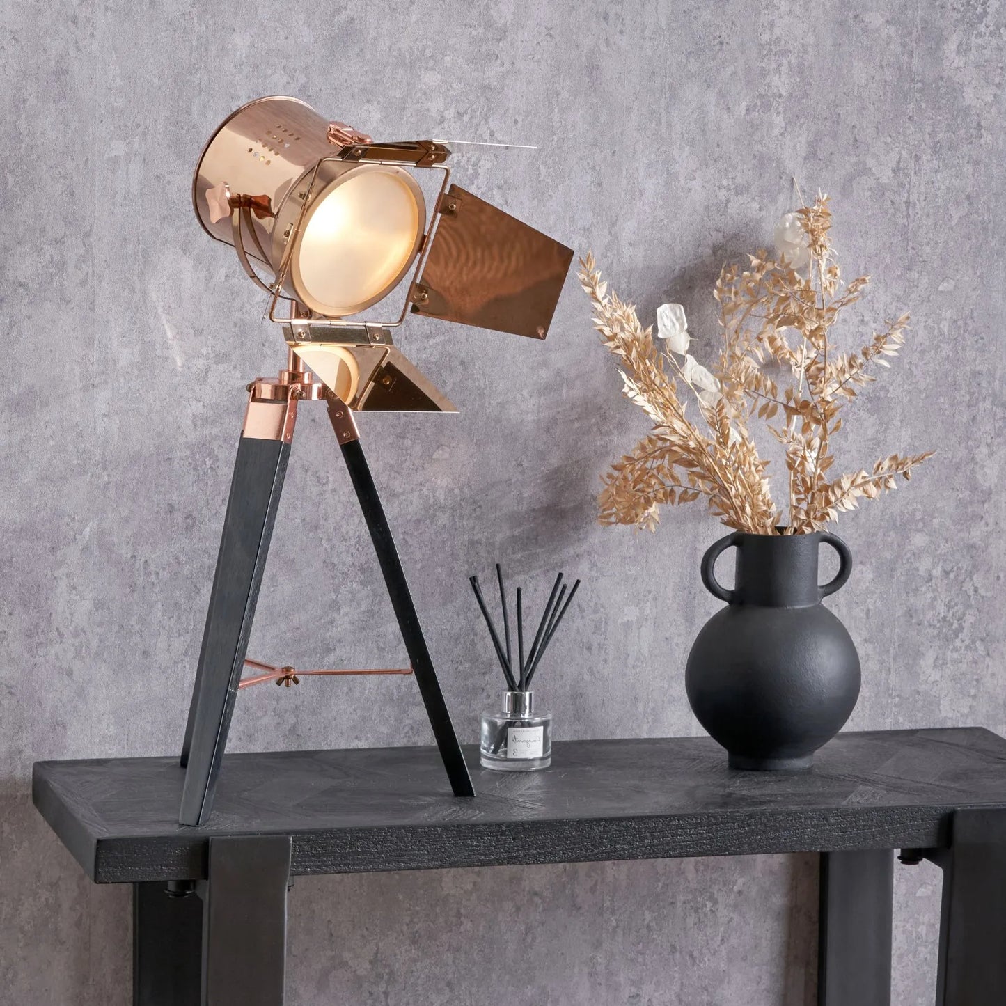 Copper Metal & Black Wood Tripod Film Table Lamp with Barn Door Shutters - Adjustable Movie Tabletop Spotlight 67x32cm - Click Style