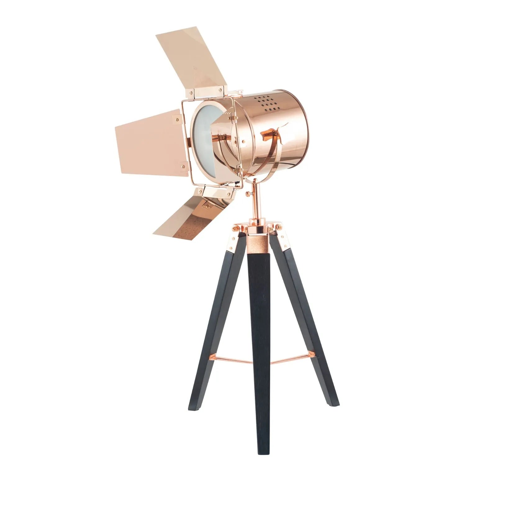 Copper Metal & Black Wood Tripod Film Table Lamp with Barn Door Shutters - Adjustable Movie Tabletop Spotlight 67x32cm - Click Style