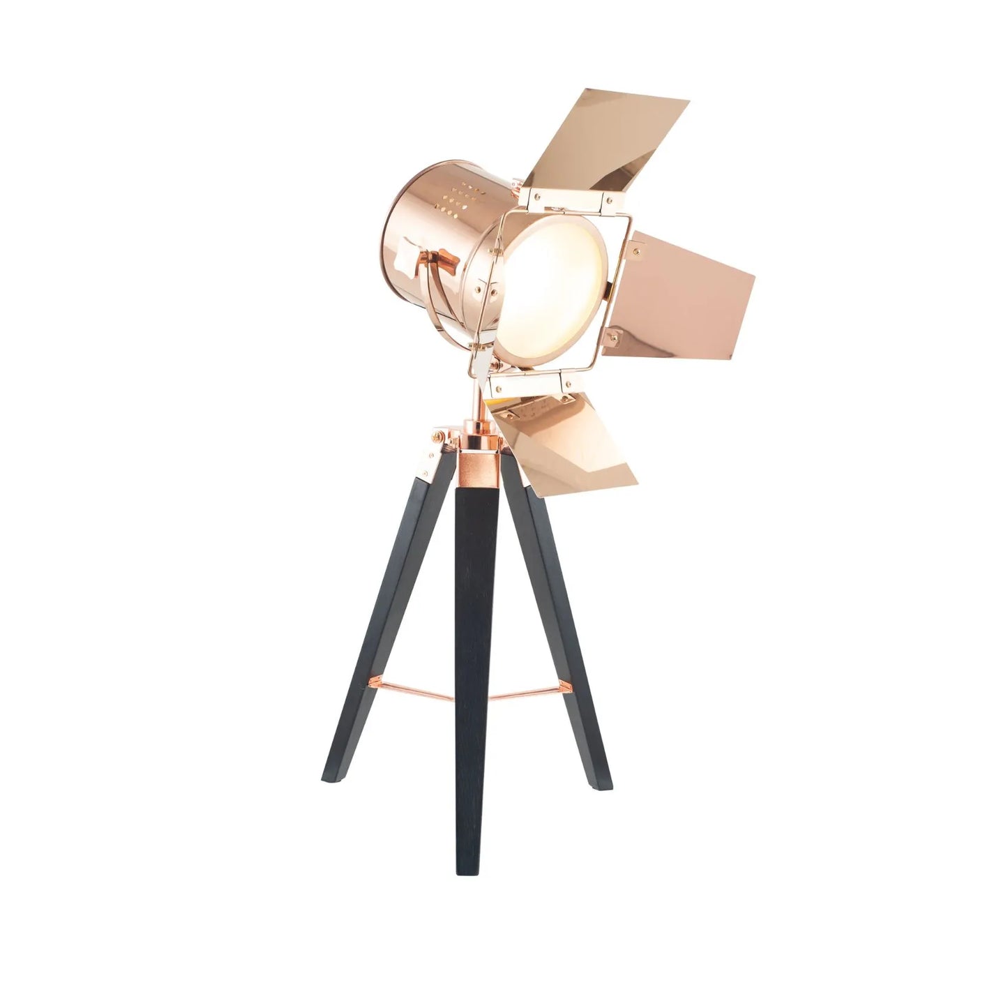 Copper Metal & Black Wood Tripod Film Table Lamp with Barn Door Shutters - Adjustable Movie Tabletop Spotlight 67x32cm - Click Style