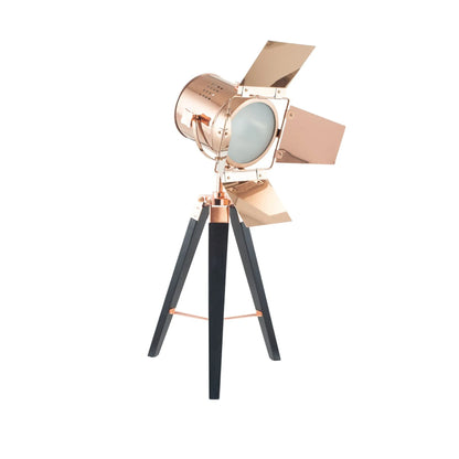 Copper Metal & Black Wood Tripod Film Table Lamp with Barn Door Shutters - Adjustable Movie Tabletop Spotlight 67x32cm - Click Style