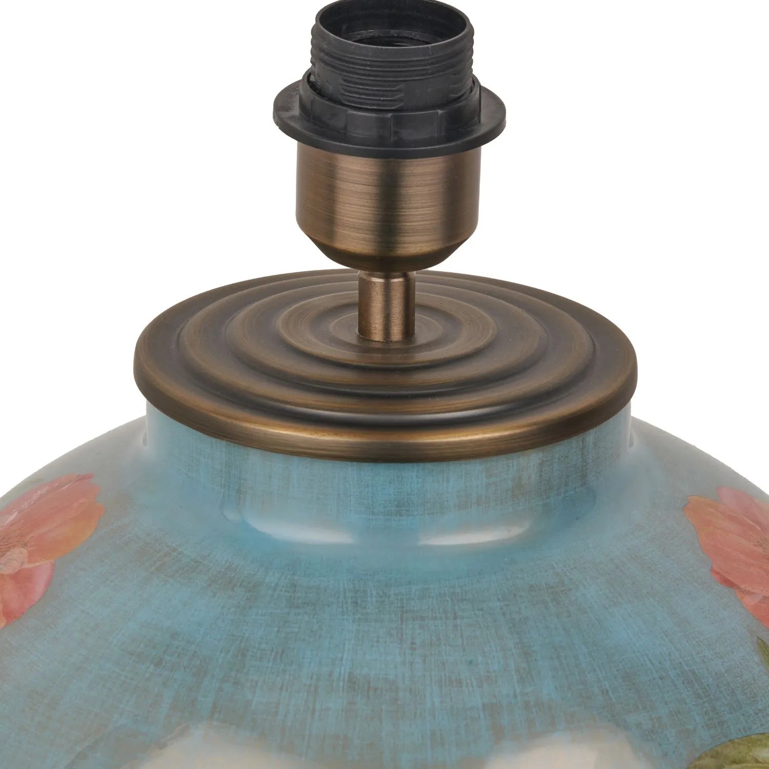 Jenny Worrall Coral Pink Peony & Foliage Light Blue & Gold Glass Table Lamp Base with Bulbous Shape & Raised Antique Brass Feet – Handcrafted Floral Luxury Lighting 42x28x28cm | Click Style